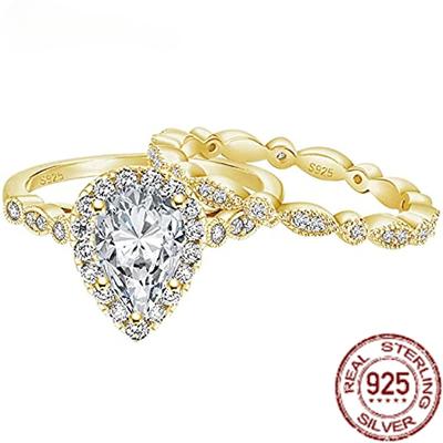 1.5CT 925 Sterling Silver Bridal Two Ring Set Teardrop CZ Engagement Rings Vintage Promise Rings Wedding Bands for Women