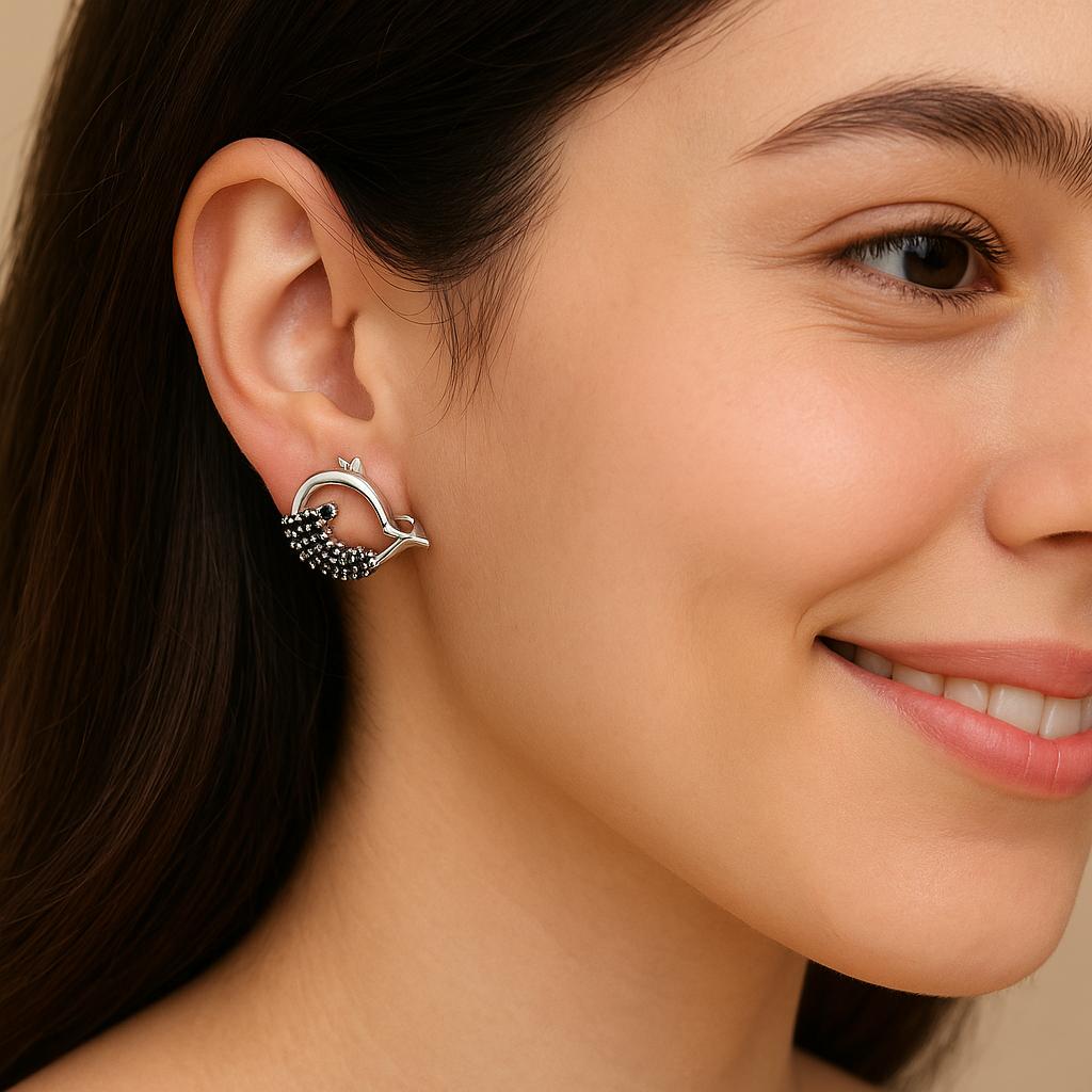 Black Spinel Whale Fish Earrings - 925 Sterling Silver