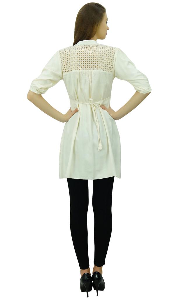 Bimba Women's Cut Work Yoke Tunic Puff Sleeve Short Kurti Summer Casual