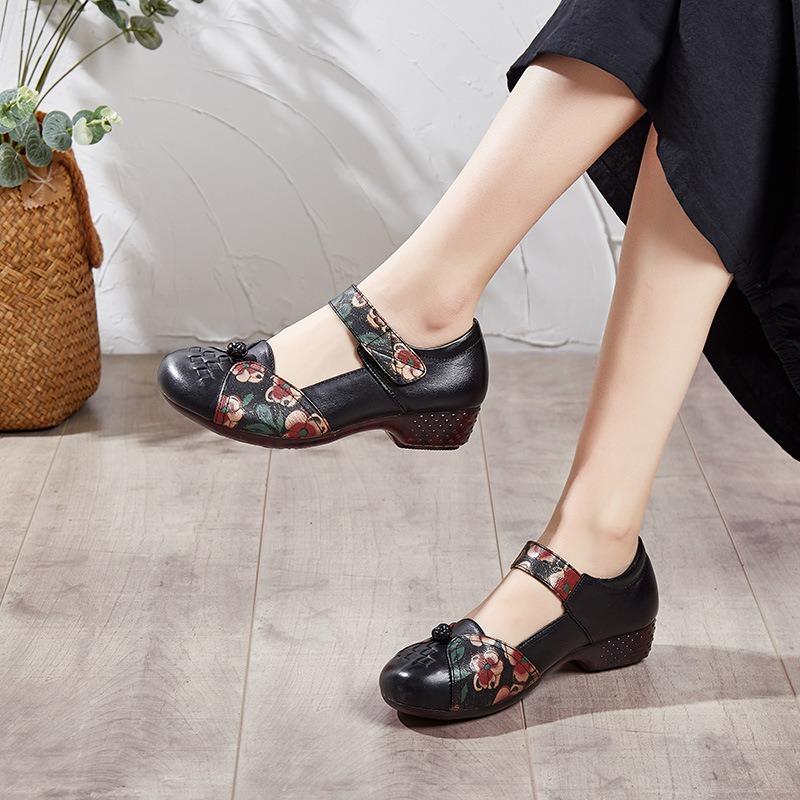 Leather Women's Shoes Retro Woven Mother Shoes Medium and Old Four-season Single Shoes Thick Heel Comfortable Women's Leather Shoes