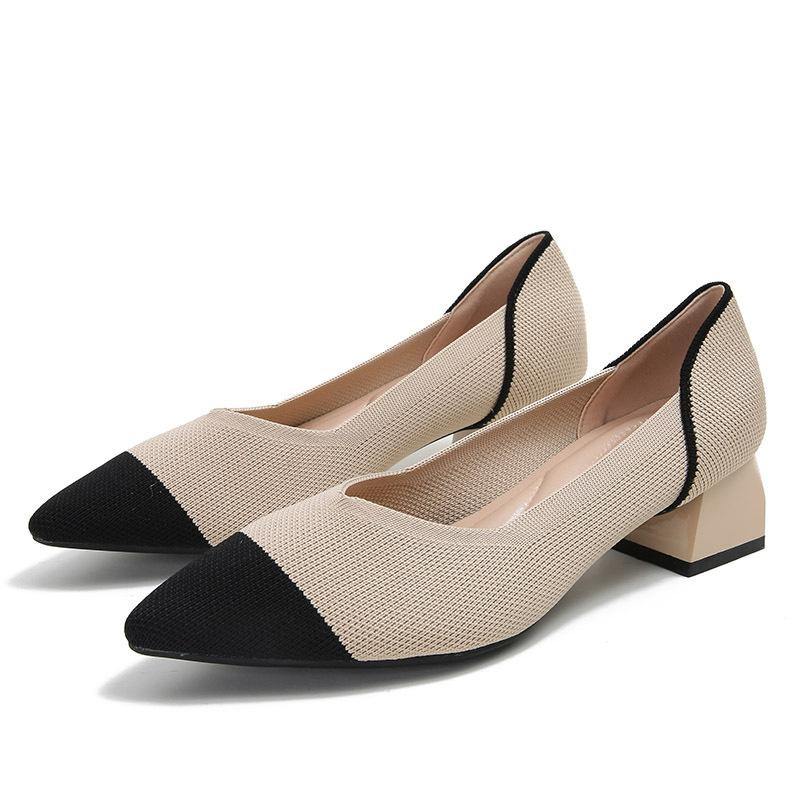 Flying Woven Single Shoes Temperament Fan Color Medium Heel Knitted Pointed Boat Shoes Single Thick Heel