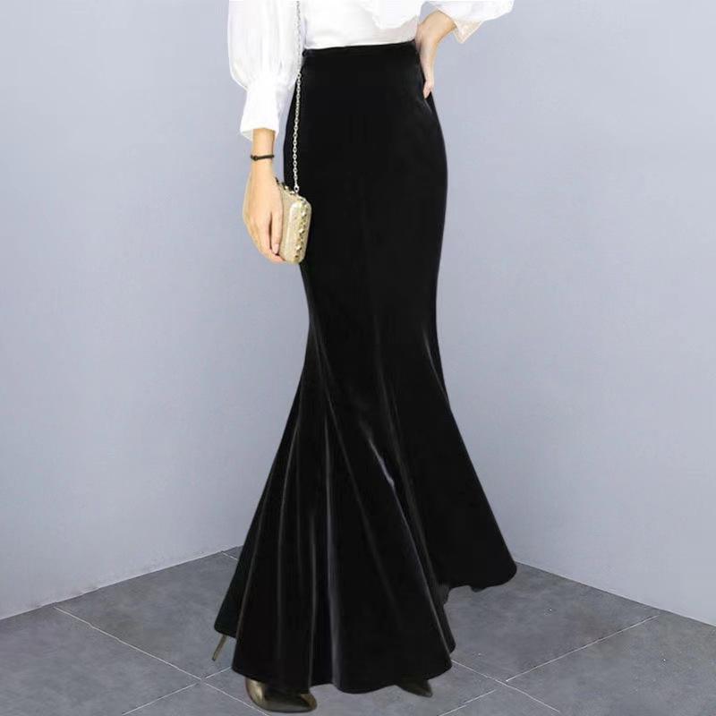 Women's High-Waist Gold Velvet Fishtail Midi Skirt – Plush, Thickened for Autumn/Winter