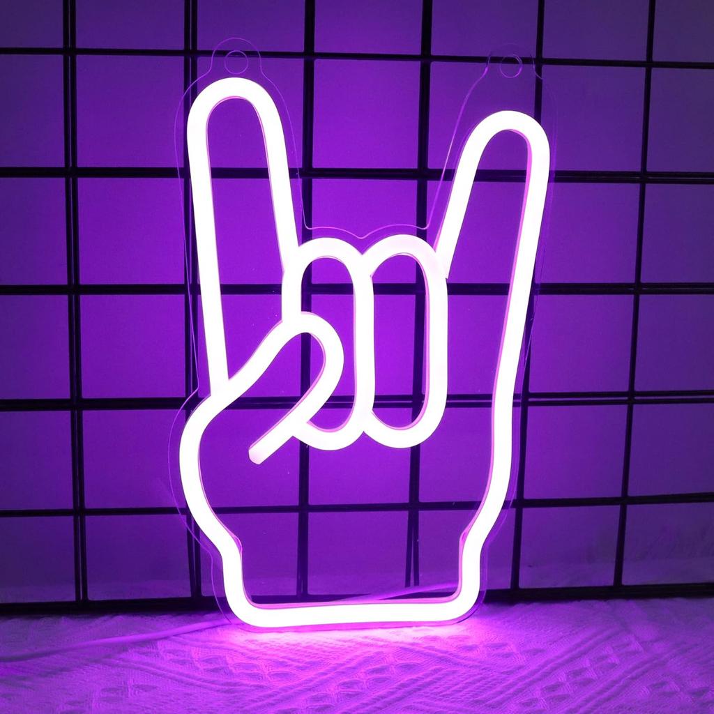 Attivolife Rock Hand Shaped Neon Light, Gamer Wall Decor LED Purple Neon Signs, USB Powered for Bar Christmas Birthday Home Party Gifts