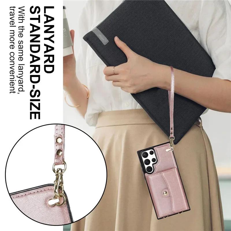 Lanyard Leather Wallet Phone Case for Samsung Galaxy S25 S24 Plus S23 FE S22 Ultra S21 S20 S10 Note 20 Flip Stand Cover Back Bag