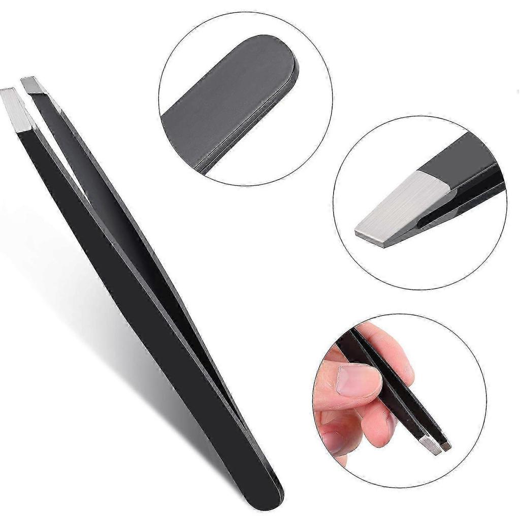 12 Pieces Stainless Steel Slant Tip Tweezers Precision Tweezers for Eyebrows (Black)