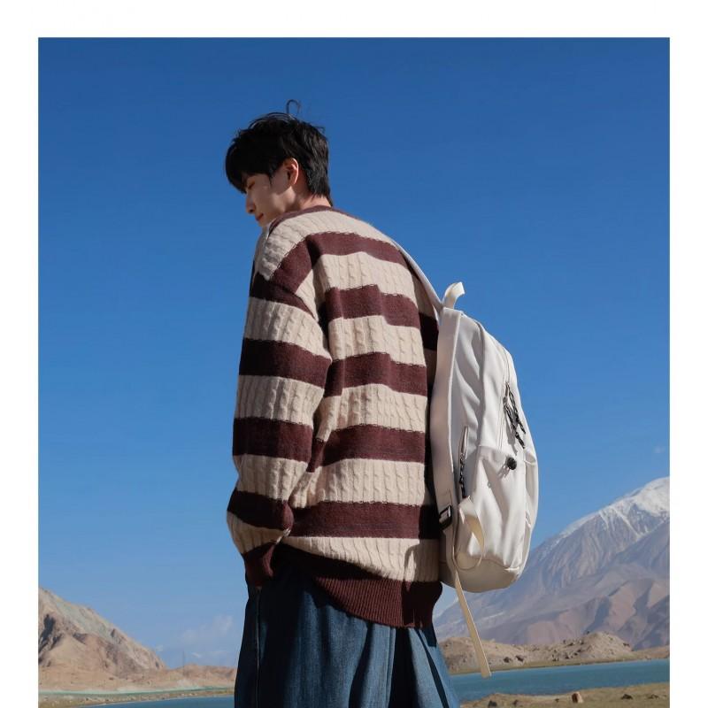 Mens Crewneck Sweater Japanese Vintage Striped Couple Knitwear Casual Trendy Top