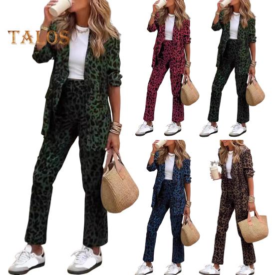 2 Pcs/Set Lady Formal Coat Pants Set Long Sleeves Leopard Print Lapel Cardigan Mid Length Jacket Straight High Waist Trousers Formal Business