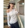 Sweet Hot Girl Style Oblique Shoulder Lace Splicing Long-sleeved T-shirt for Women Early Autumn New Style Off-shoulder Slim Fit Inner Top Trendy