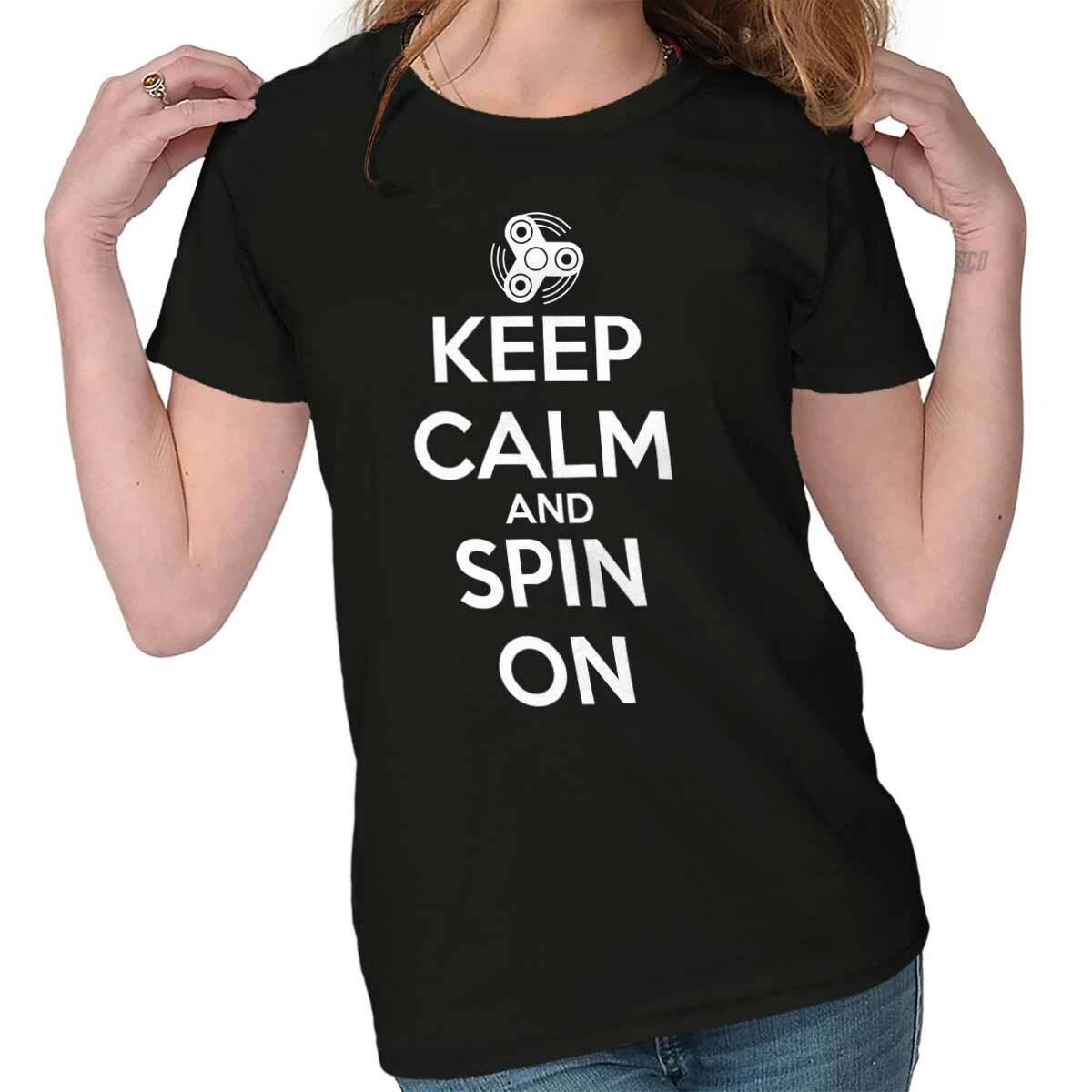 Keep Calm And Spin On Funny Fidget Spinner Womens Top Junior Graphic Tee S