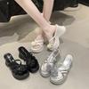 Französische Retro-Blumen-Keilabsatz-Einwort-Slipper Damen Sommerbekleidung 2025 neu vielseitiger Rock dicksohlige coole Slipper