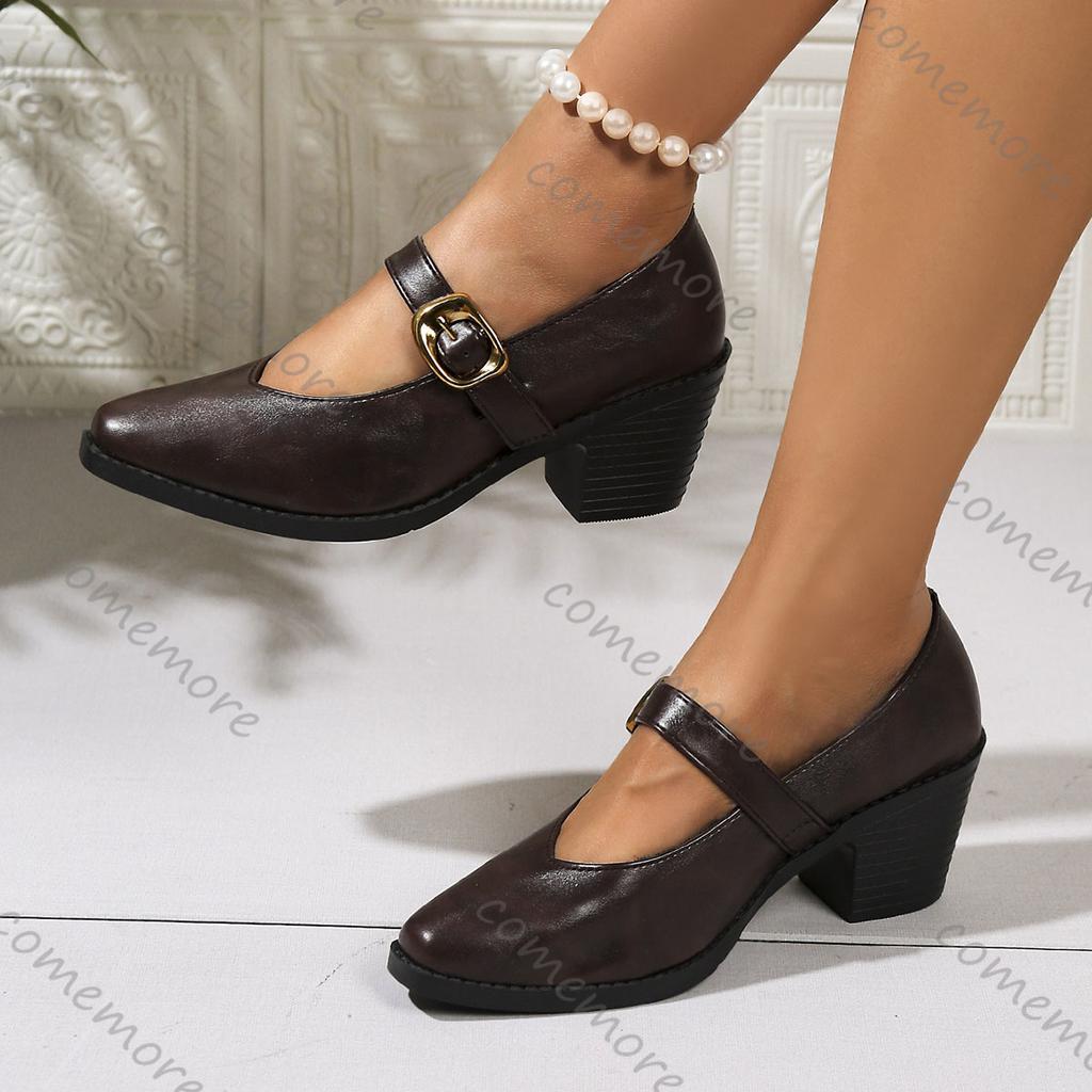 Fashion Comemore Retro High-heeled Women's Shoes Autumn Thick Heel British Style Pointed Head Professional Single Shoes Female Pumps