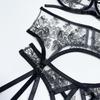 European & American Sexy Black Mesh Lace Embroidery Lingerie Three-Piece Set