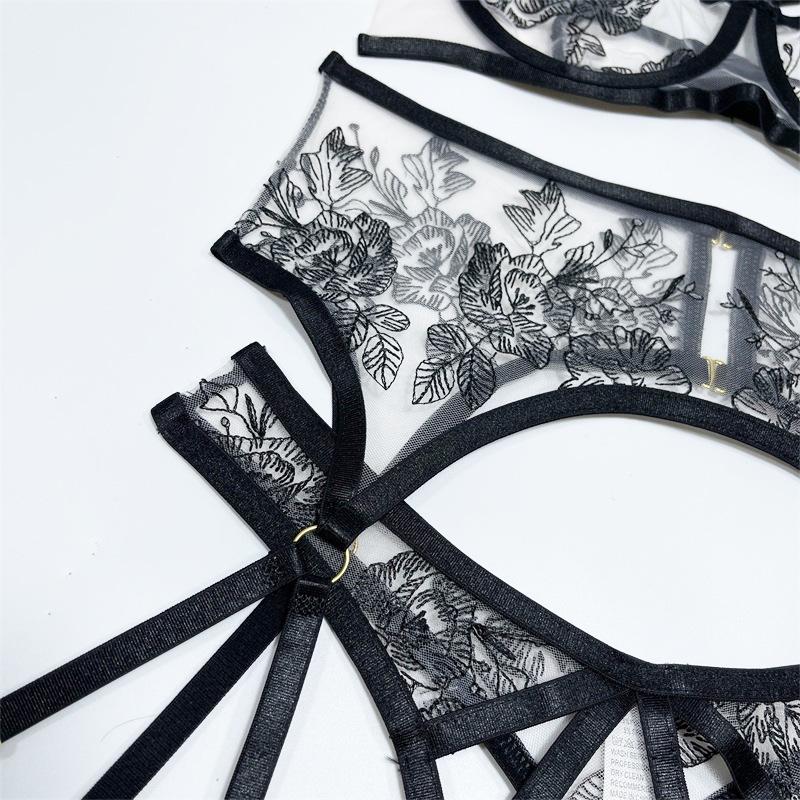 European & American Sexy Black Mesh Lace Embroidery Lingerie Three-Piece Set