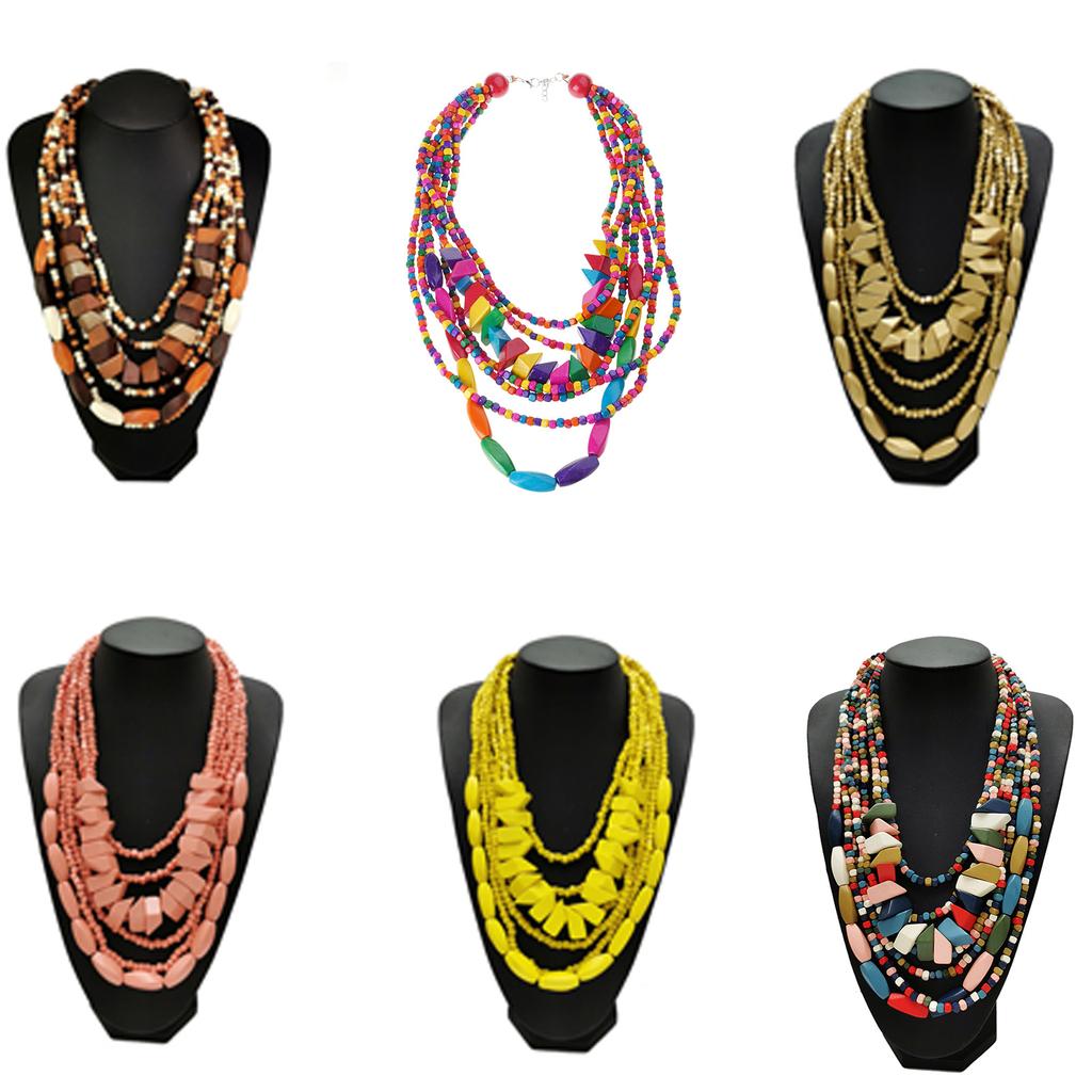Vibrant Bohemian Style Multilayer Necklace Artistic Bohemian Multilayer Wood Neck Chain Jewelry Set for Music Festivals