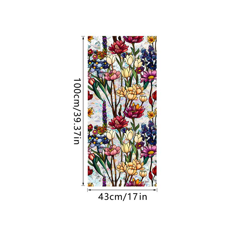 Window Film Static Cling Privacy Protection Stained Glass Film PVC Stained Colorful Plants Flowers Printed Home Decor Stickers