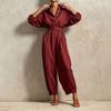 Women's Lapel Collar Button-Down Belted Color Slim Fit Casual Jumpsuit