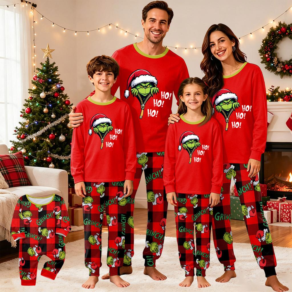 Weihnachtsdruck Familien-Partnerlook-Pyjama-Set mit Rundhalsausschnitt Langarm-Oberteil und Langer Hose