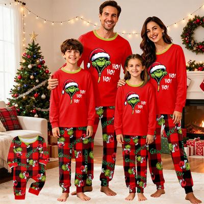 Weihnachtsdruck Familien-Partnerlook-Pyjama-Set mit Rundhalsausschnitt Langarm-Oberteil und Langer Hose