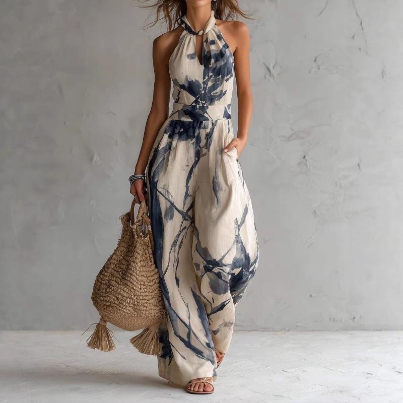 Damen Halter Ärmellos Hohe Taille Weiter Bein Bedruckter Jumpsuit Rückenfrei Tasche Lange Hose Romper Für Strandurlaub Lässige Tageskleidung S dunkelblau