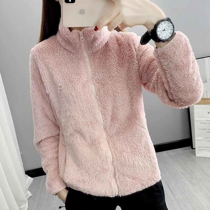 Fleece jacket women's double-sided fleece short top thermal stand-up neck cardigan plush zipper jacket sweater women