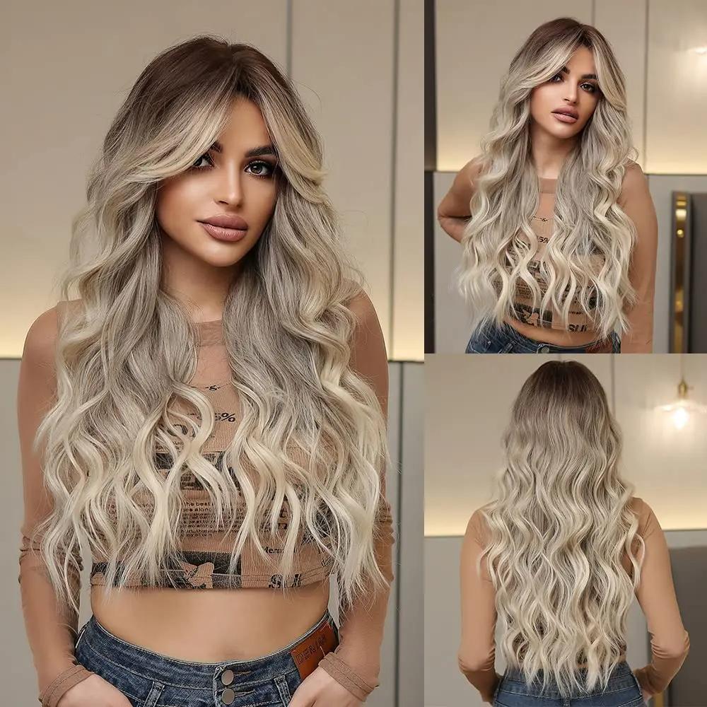 ALAN EATON Light Ash Blonde Wavy Synthetic Wigs Long Ombre Fake Hair Wave Wig with Bangs Heat Resistant Daily Wig for Women Use