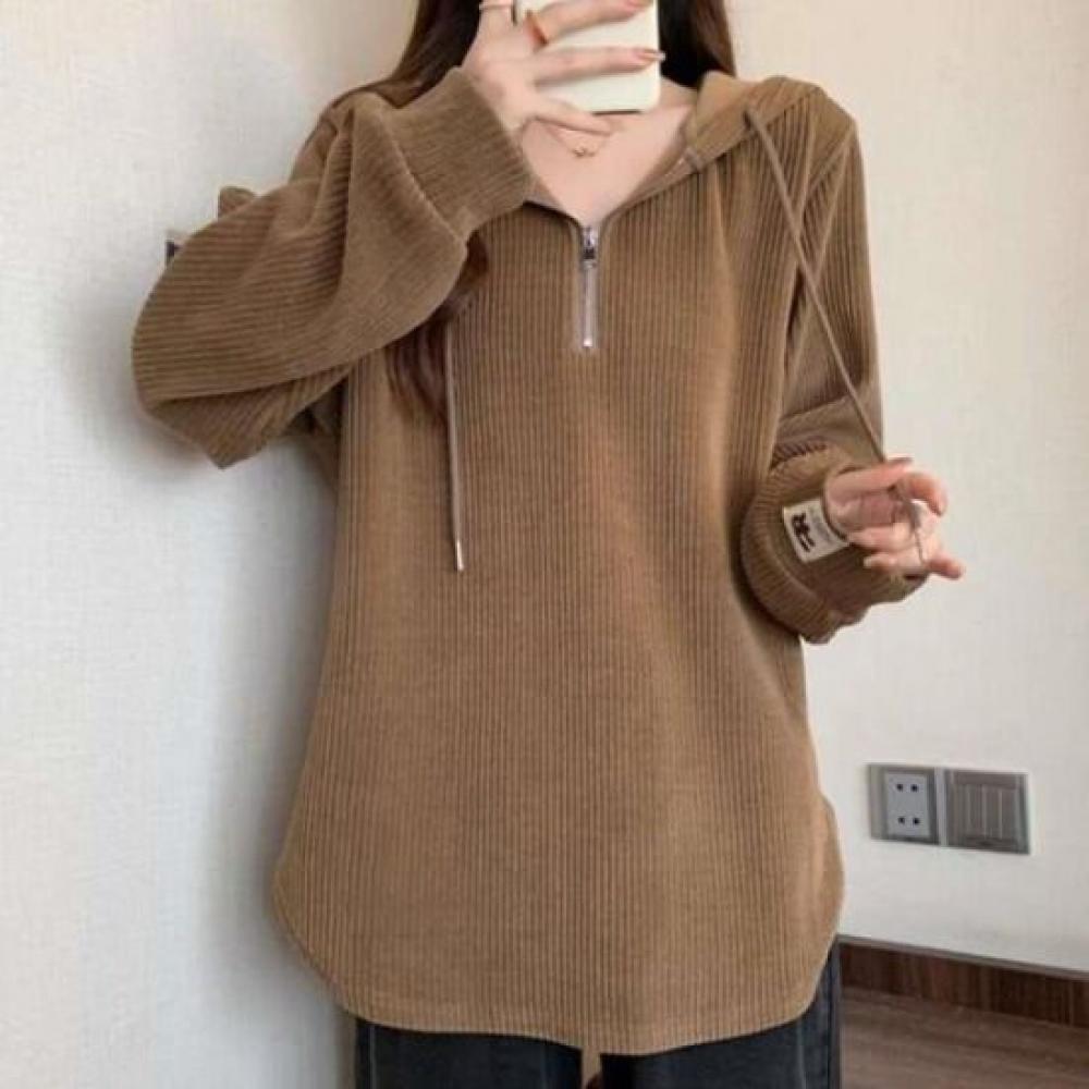 Navava Women Loose FiT Ribbed Half Zip Hooded Long Sleeve T shirT nT3238