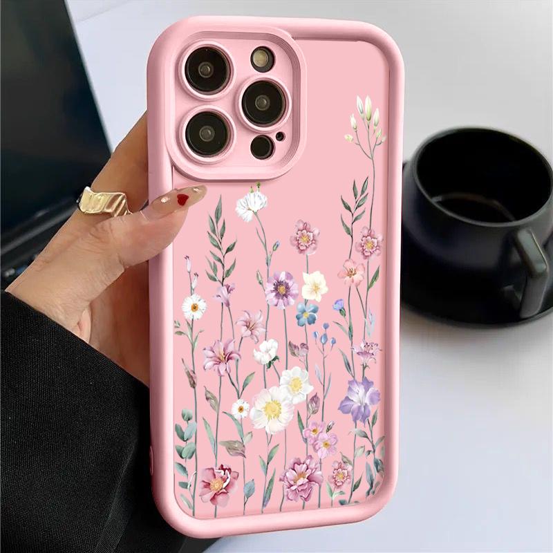 Pentru iPhone 16 Pro 15 14 Plus 13 12 Pro Max 11 Xs Xr 8 7 Roz Motiv Floral Rezistent la șocuri Moale TPU Protecție lentile Husă pentru telefon anti-cădere