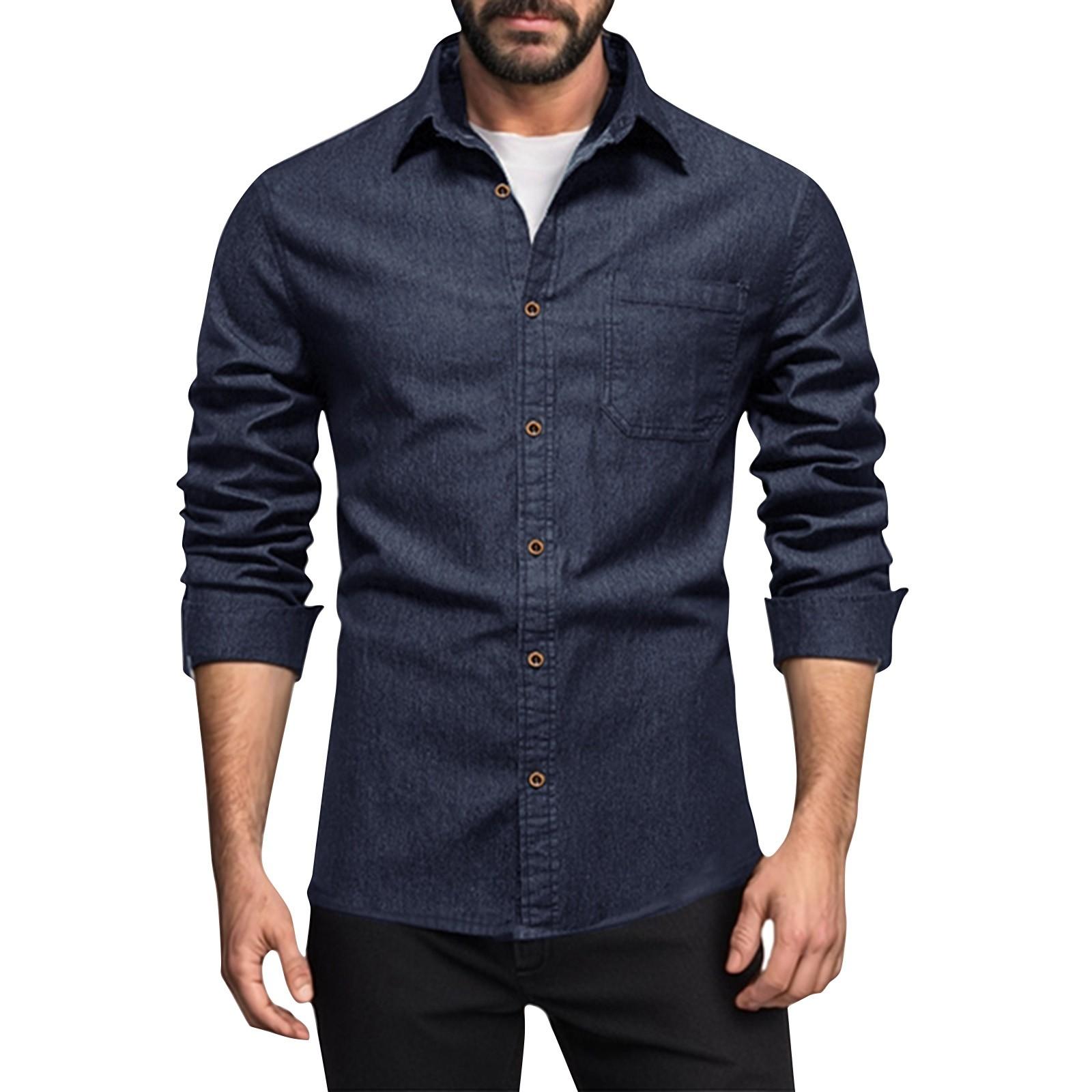 

Мужская летняя однотонная рубашка с лацканами и длинными рукавами, мужская повседневная модная рубашка с длинными рукавами XL тёмно-синий