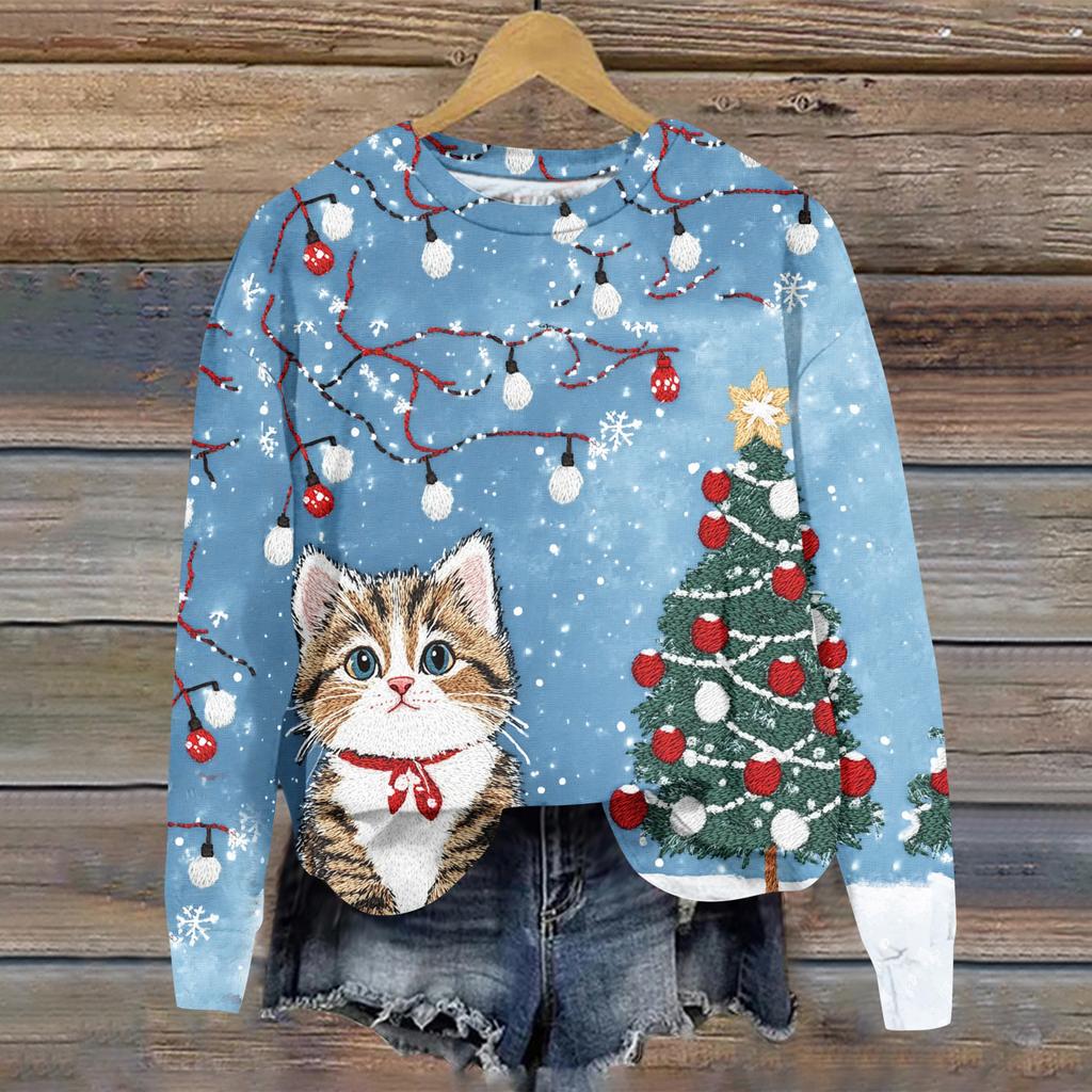 Ladies' Christmas Printed Casual Long Sleeved Round Neck Sports Hoodie Top