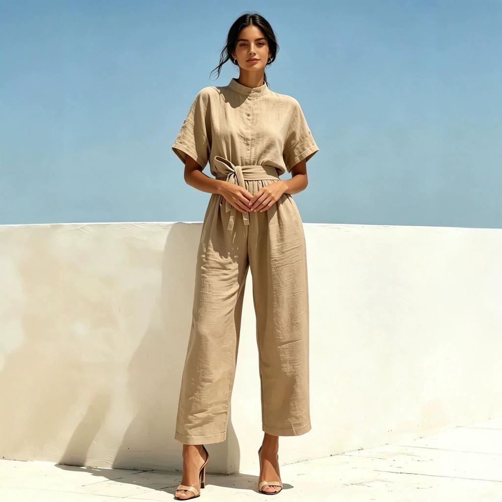Europe and America 2026 summer semi-turtleneck jumpsuit women's loose wide-leg casual fashion solid color suit