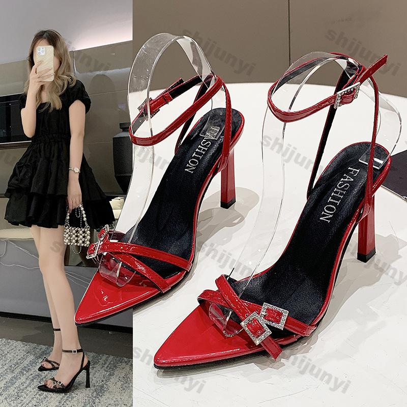 Fashion Party Women Shoes 2025 Summer Fashion Square Buckle Rhinestone Sandals Pointed Toe Thin Heels Ankle Super-high Heel Pumps