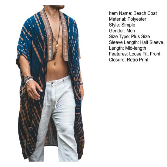 Men Beach Coat Retro Style Mid-Length Fit Printing Jacket Sun Protection Loose Open Front Long Outwear