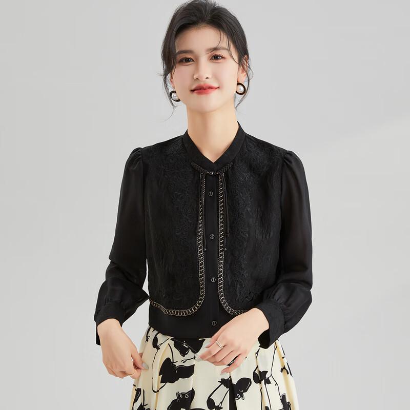 Golden Chrysanthemum Faux Two-Piece Silk Blend Blouse M