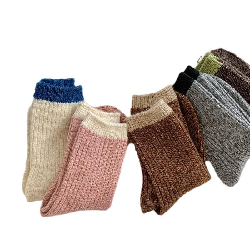Color-Blocking Double-Needle Merino Wool Socks New Women'S Socks Thickened Warm Mid-Leg Socks Cold-Proof Socks