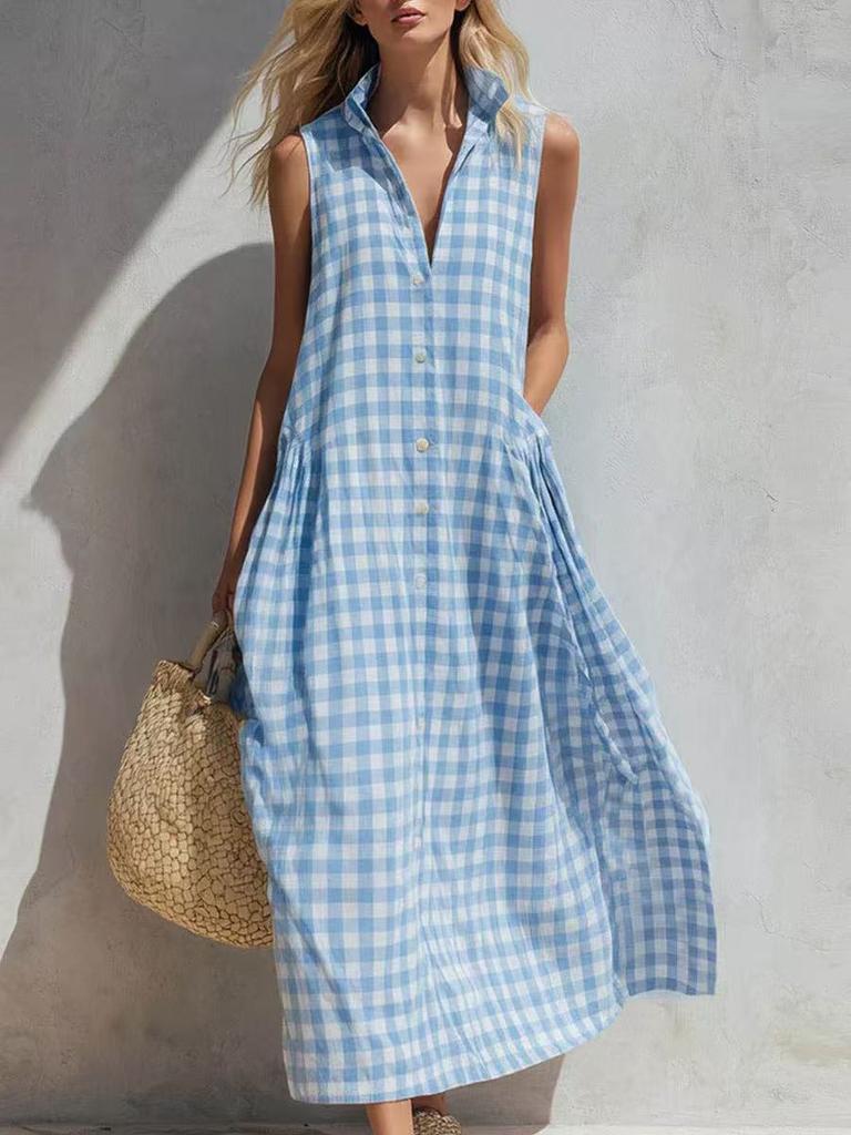 Women's Sleeveless Button Front Shirt Dress with Collar Loose Fit Blue Checkered A Line Dress