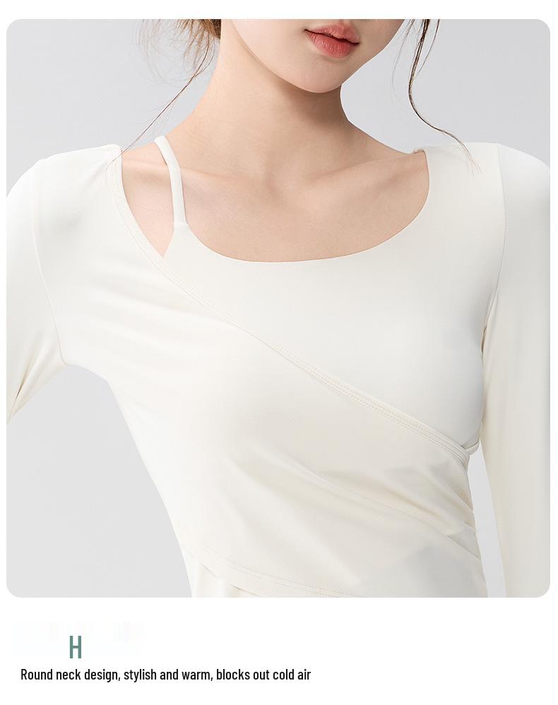 Women's Long-Sleeve Off-the-Shoulder Yoga Top with Built-in Bra - Slimming, Flattering Fit for Pilates and Fitness.
