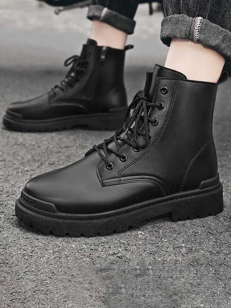 

Брендовые ботинки осень-зима новые кожаные ботильоны мужские мотоциклетные ботинки на шнуровке короткие модные ботинки молодежная рабочая обувь с круглым носком 44 чёрный