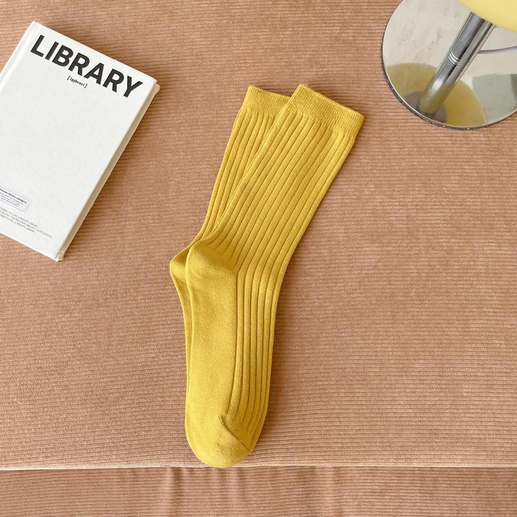 Dámské ponožky ze 100% čisté bavlny do půlky lýtek, trendy korejský styl, jednobarevné, dvoujehlové, podzimní/zimní svislý proužek, podkolenky s volným lemem