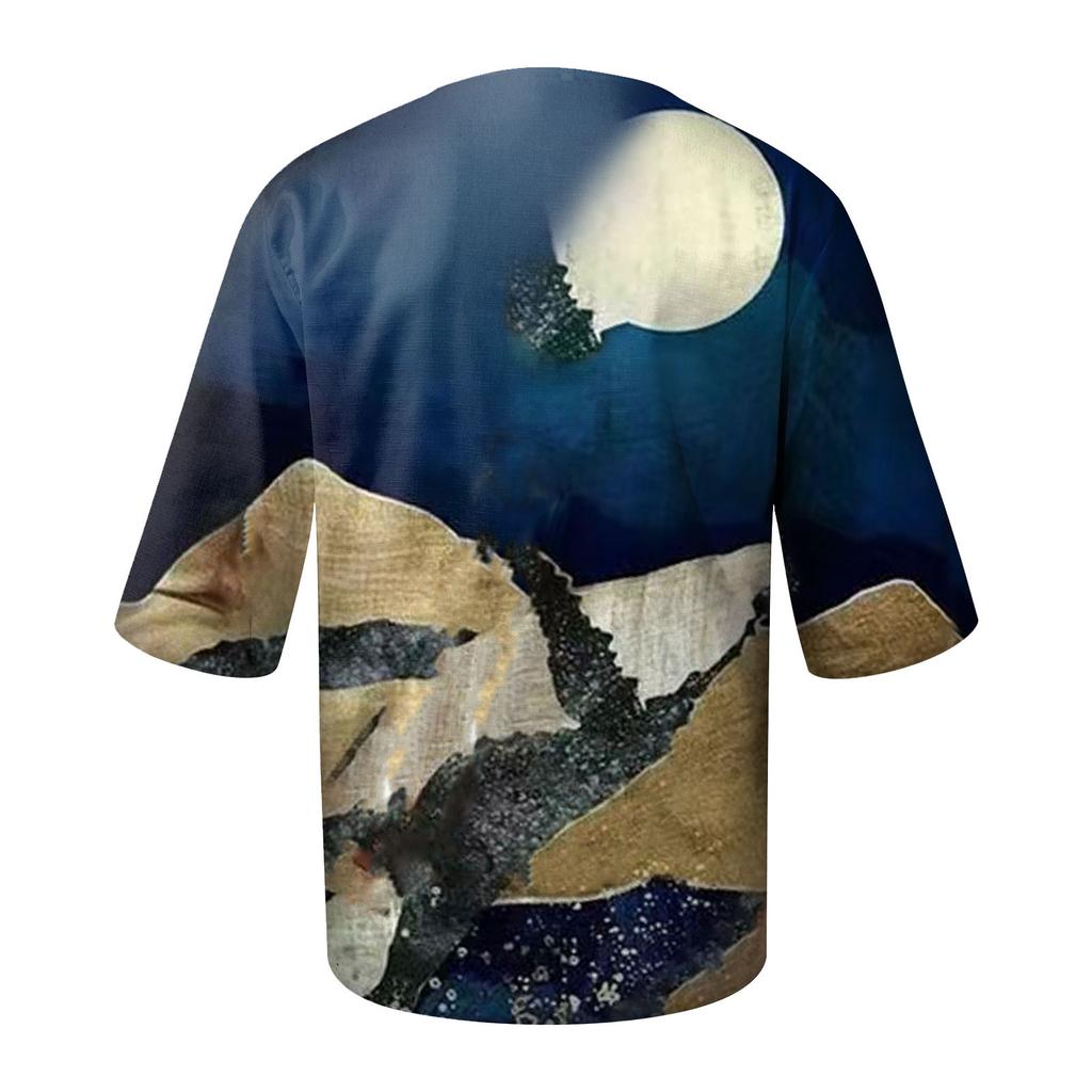 Men's Half Short Sleeve Cotton Linen V Neck Print Loose Shirts