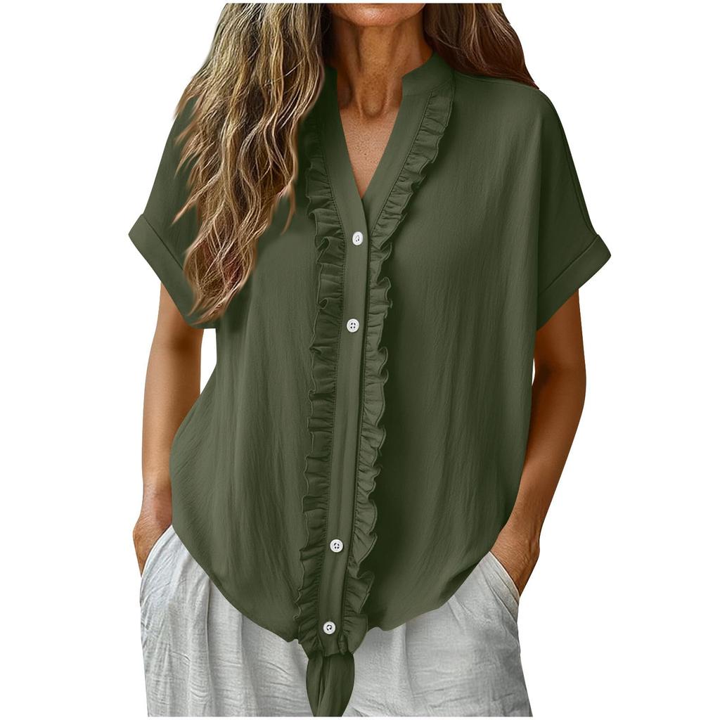 Women's Casual Short-Sleeve Cotton Linen Ruffled Button-Up Shirt