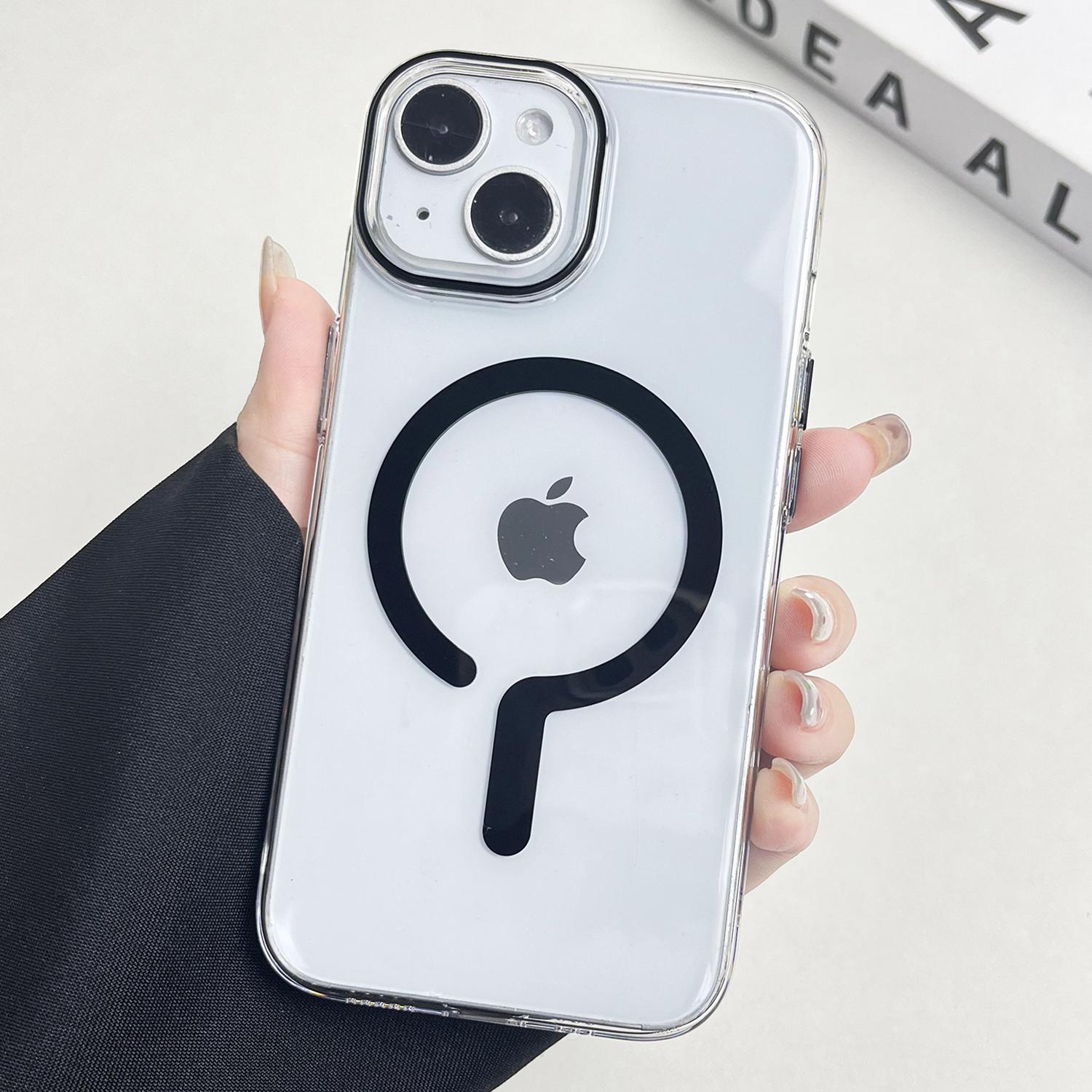 

For iPhone 14 Clear Magnetic Case Hard PC+Soft TPU Protective Phone Cover Black