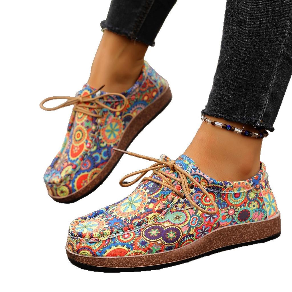 Plus-size Ethnic Style Casual Single Shoes Women's Colorful Lace-up Graffiti Low-top Wood Grain Platform Shoes