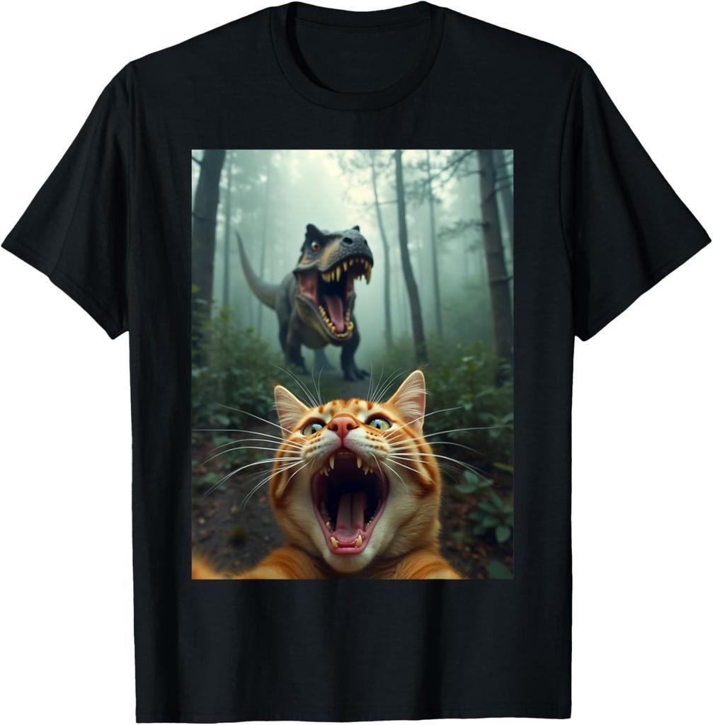 Maglietta Selfie di Gatto con Dinosauro T-Rex