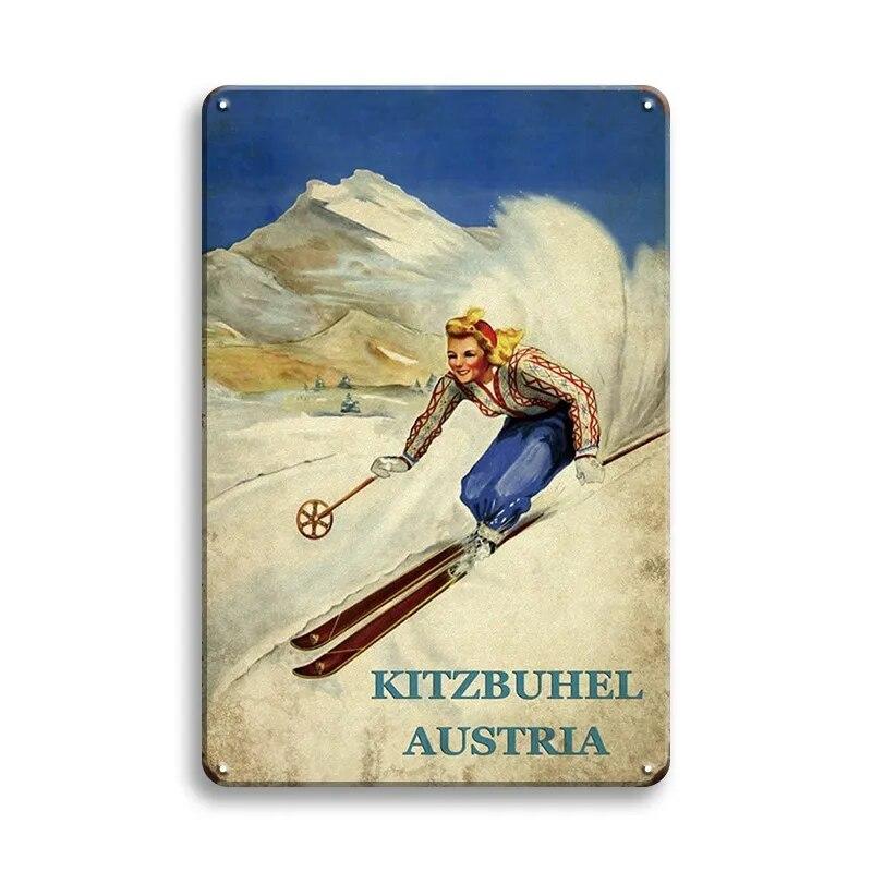 Skiing Baseball Metal Sign Austria Vintage Posters Sport Club Ski Metal Plaque Decorative Metal Plate Iron Painting Sport Wall