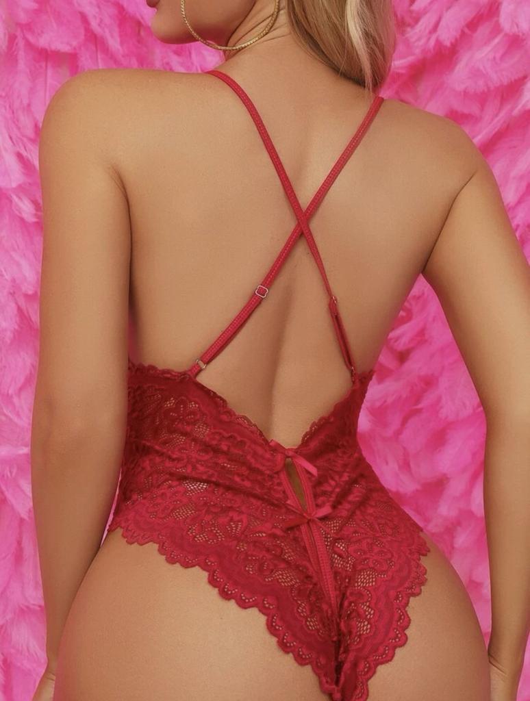 New European and American Plus-size Romantic Lingerie, See-through Sexy Lace Open-crotch Backless Halter Bow One-piece Lingerie