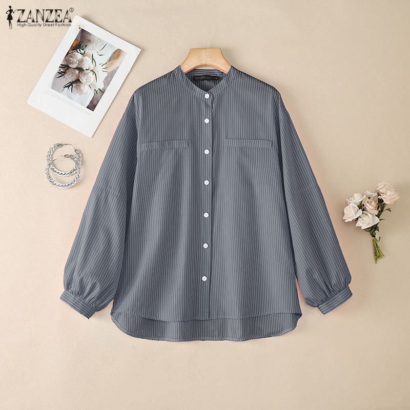 ZANZEA Women Casual Round Neck Long Sleeve Stripe Blouse