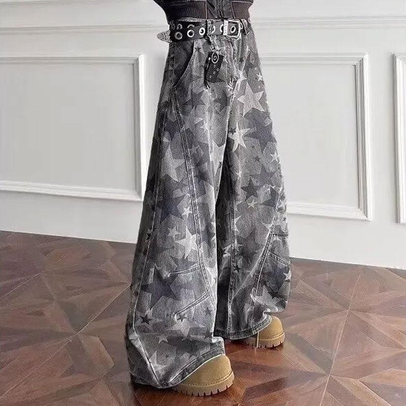 Men All Over Star Print High Waist Wide Leg Denim Cargo Pants