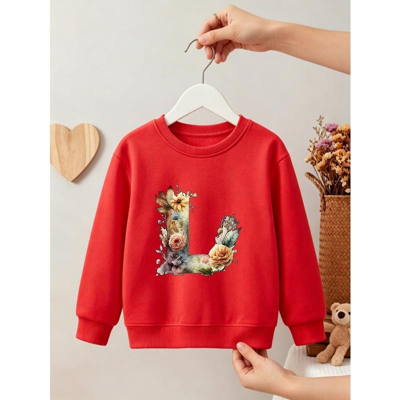 Kids Girls Crewneck Sweatshirt, Watercolor Floral Letter L Print Soft Pink Fleece Pullover