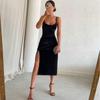 Women's Spring Summer Sexy Velvet Spaghetti Strap Maxi Dress, Slim Fit High Slit Cowl Neck Evening Party Formal Cocktail Gown