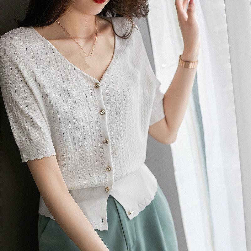 Women Sweaters Cardigans 2025 Summer Short Sleeve V-Neck Black White Knitted Sweater Women Tops Cardigan JJ314